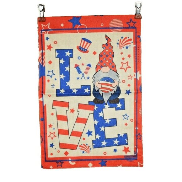 Fourth of July 12 x 18 Gnome Love Double Sided Nylon Burlap Garden Flag - Picture 2 of 2